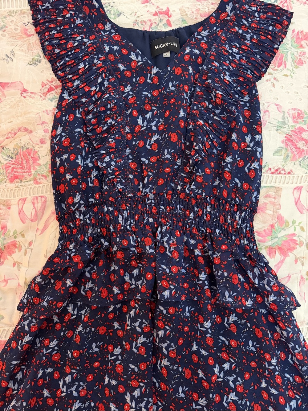 Sugarlips Navy Floral Ruffle Mini Dress with Red and Light Blue Blooms